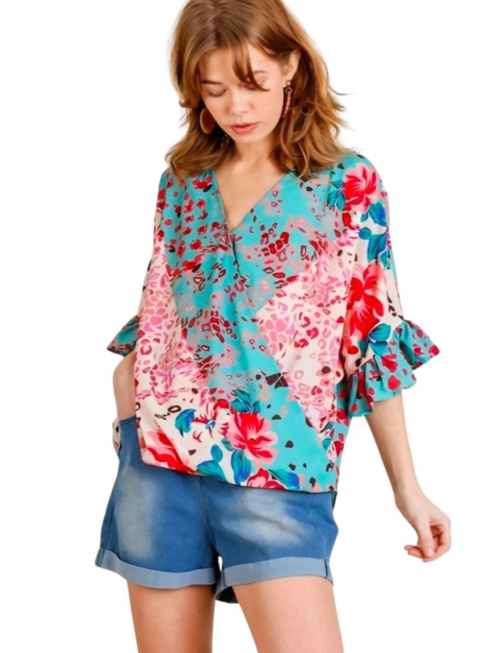 Umgee+ Floral Animal Mixed Print Crossbody Blouse Teal Pink 1XL Boho Whimsical